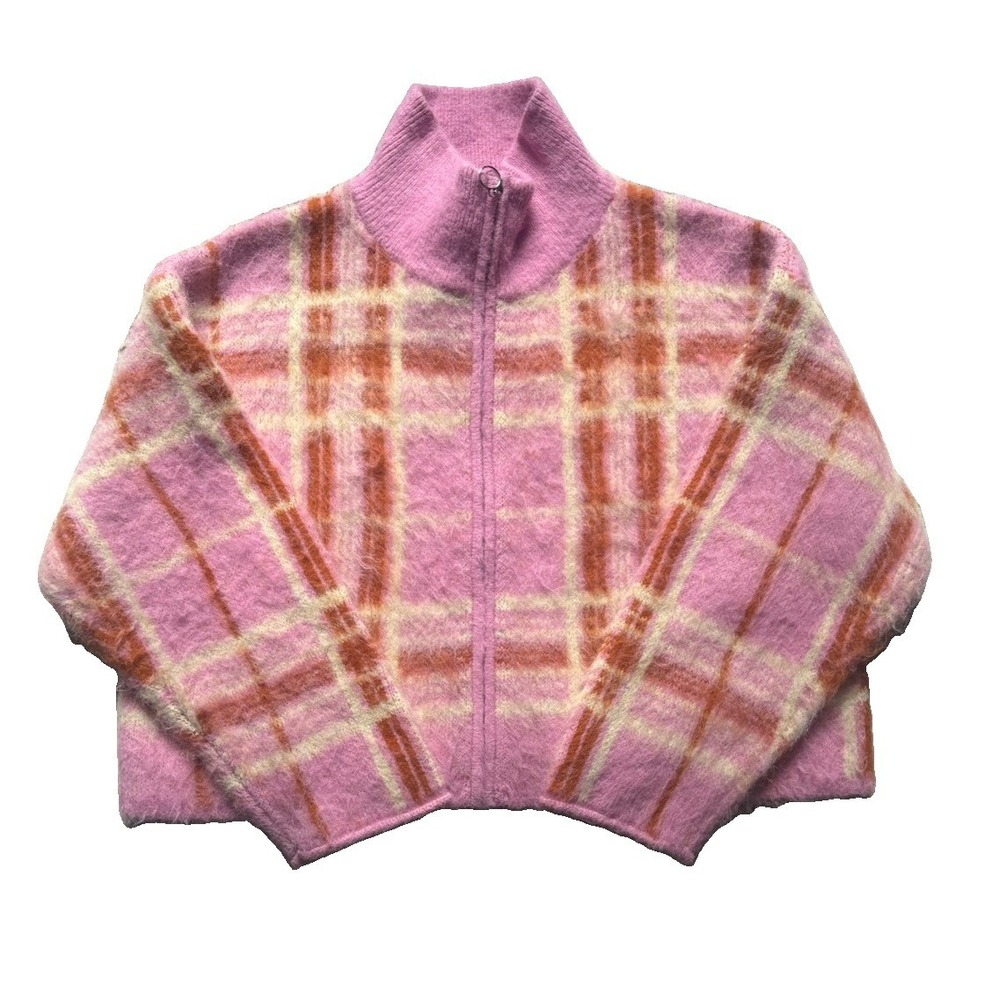 Wild Fable Pink Plaid Fuzzy Knit Zip Up Cardigan Sweater Women's XXL